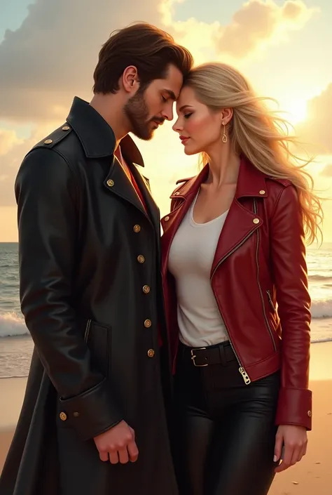 Colin ODonoghue as Killian Jones and Jennifer Morrisson as Emma Swan laigh happy. She wears black trousers, a white tshirt and a red leather jacket and he wears his typical pirate coat. They are both looking in the camera direction. The sun shines and ther...