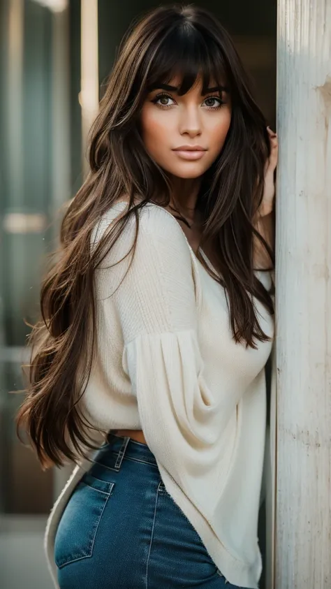 arafed woman with long hair and bangs posing for a picture, she has black hair with bangs, charli bowater, brown hair and bangs,...