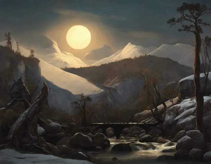 An epic, moonlit mountain landscape with towering, jagged peaks and snow-covered summits in the distance. A stream flows through the rocky terrain in the foreground, surrounded by dark, pine trees. The scene is illuminated by a bright full moon, casting so...