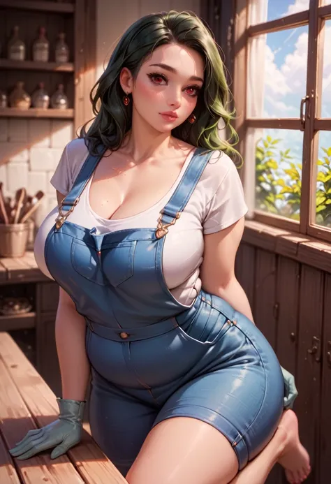 A working woman, (green hair color), (red eye color) , (Blue overalls), big breasts, Big behind, Wide hips, chubby, Thick lips, long eyelashes, beautiful eyes, detailed eyes, masterpiece, She is barefoot, cloth gloves,