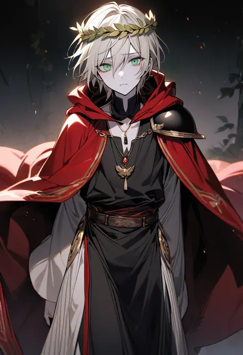 A 20-year-old young man, almost white blond hair, of delicate and sad appearance, pale skin, blue and green heterochromatic eyes, slim appearance, wears a red hood with a fabric strip that falls over the shoulder, gold-carved details in the shape of a laur...