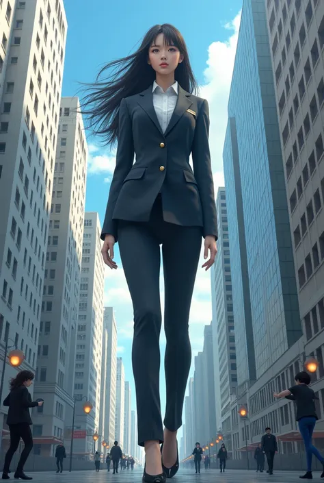 Create a 20-metre tall giant woman /彼女は日本peopleです , She wears a blazer uniform , She is beautiful / people々Run away from her surroundings/ City street / ( Photorealistic ) /