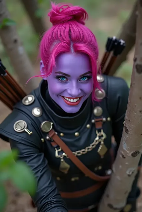 ((three-quarter body shot, realistic photograph, lifelike detail, realism)), Female human archer with bright purple skin, black leather armor with brass rivets and chrome plates, wearing a quiver of arrows, pink hair updo ponytail, (((bright blue eyes))), ...