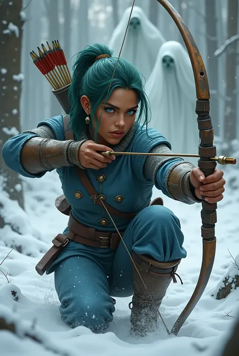 ((three-quarter body shot, realistic photograph, lifelike detail, realism)), Female human archer with dark suntanned skin, oily skin, modest blue leather armor with brass rivets and chrome plates, wearing a quiver of arrows, green hair updo ponytail, (((br...