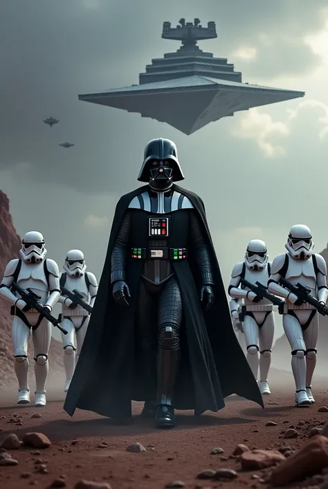 Darth vader leading storm troopers, realistic