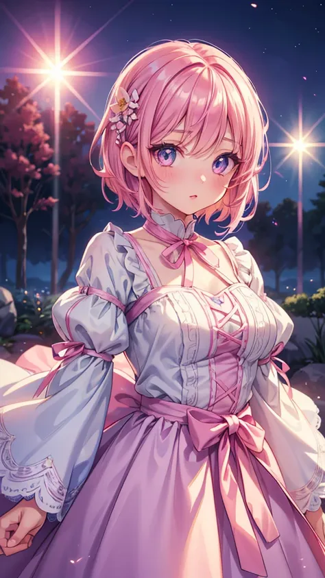 a cute anime girl with pink hair and ribbons, beautiful detailed eyes, beautiful detailed lips, extremely detailed face, long ey...