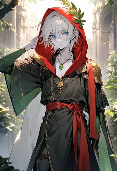 A 20-year-old young man with nearly white blonde hair, a delicate and sorrowful appearance, pale skin, and heterochromatic eyes—one blue, the other green. He has a slender build and wears a red hood with a fabric sash draping over his shoulder, adorned wit...