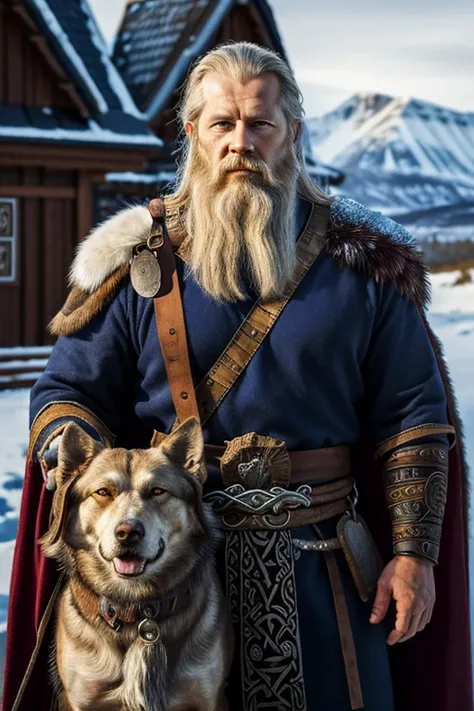 painting of a man in a viking costume with a dog, painted portrait of rugged odin, norse god, odin, norse warrior, by Ásgrímur Jónsson, norse, norse mythology, by Jóhannes Sveinsson Kjarval, god of winter, by Sven Nordqvist, norse inspired, by Caspar Wolf