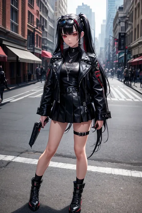 goth girl, goth girl 1girl, metalhead, legs, leather jacket, full body, netal concert fund, great quality, detailed face, herocromia, spikes on the jacket, bullet belt, tennis Reebook, long hair, red lasio