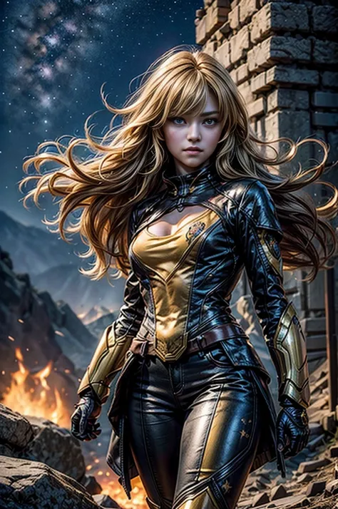 masterpiece,best quality,1girl,yang xiao long, very long hair, ahoge, purple eyes, large breasts, prosthetic arm, cowboy shot, night, stars, yang xiao long, wearing tactical suit, night, stars, walking with fellow military officers on patrol, walking on mo...