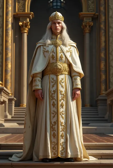 A young handsome man stands on the steps of a rich Catholic church; Blue eyes; long white hair; pale skin; elegant, the expensive gold and white robe of the pope; in a beautiful Catholic tiara; Middle Ages; full length