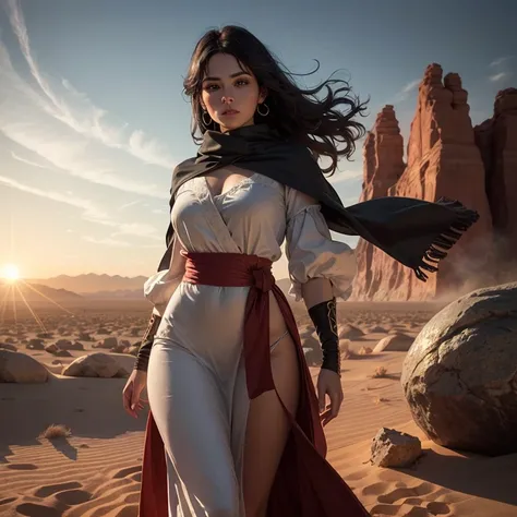 Ashlander princess pilgrim, dressed in thick desert clothes decorated with Ashlander insignia, amber and amethyst jewelry with lava rock inclusions, fluttering in the sandy wind, black hair, blue detailed eyes, sun glare contrasting with the shadow of the ...