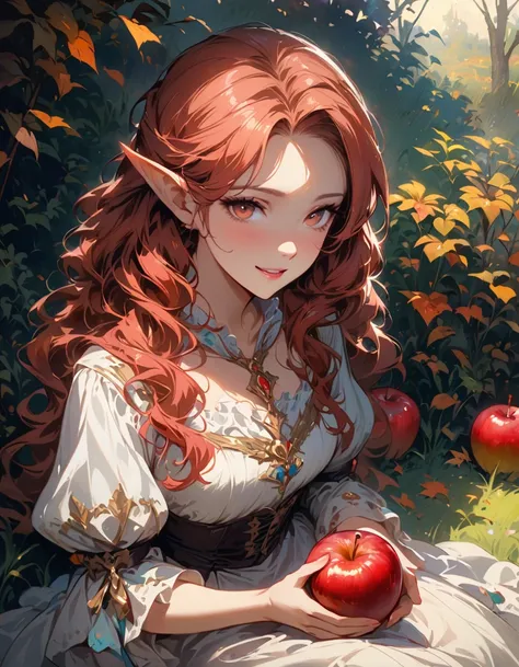 detailed textures, high quality, high resolution, high accuracy, Realism, color correction, correct lighting settings, harmonious composition. ((best quality)), ((masterpiece)), (detailed), 1Girl, sexual, elf, red hair, renaissance hairstyles, wavy hair, p...