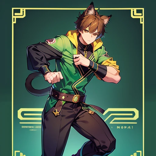 1 boy,My Hero Academia-Stil,,Brown hair,shaggy hair, Short hair, Cat ears, Brown eyes,Covered Body, green-black body, predominantly green, no skin visible, Full body, black belt, not sexy, spikes on the wrists (Important), Full body fokus