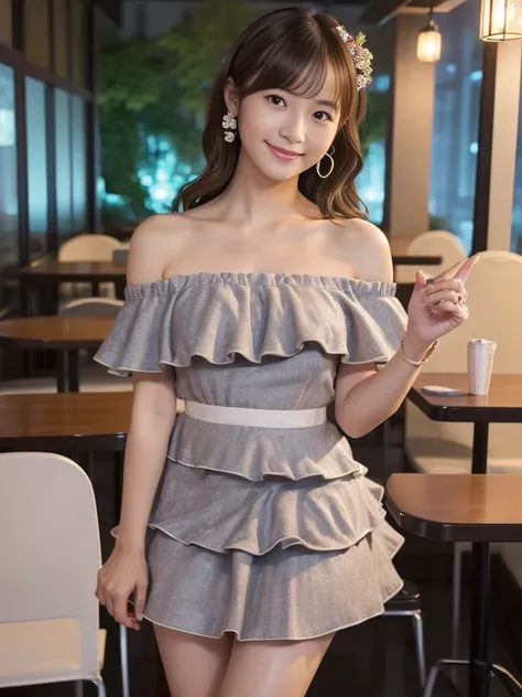 Full Body Shot, (Late-night secret meeting)
break, 
((idol dress:1.2)), ((mini dress:1.2)), ((frille layered skirt:1.2)), ((Bare Shoulder:1.2)), 
break, 
View your viewers, Japanese female university student, (One Woman:1.2), She is very beautiful, Glowing...