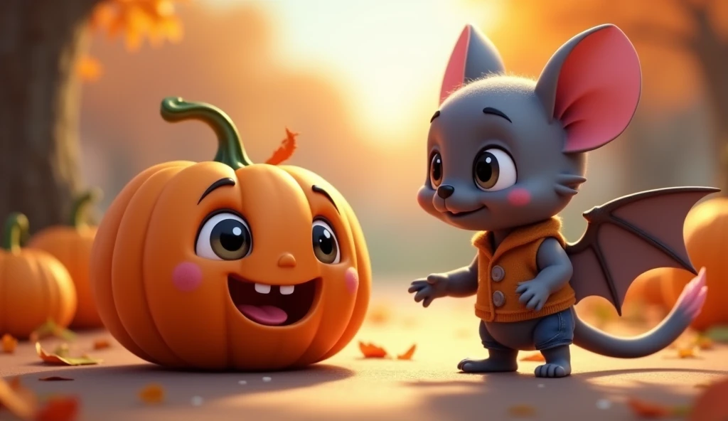 A cute pumpkin with adorable eyes and a cute smile talking to a cute grey bat with a shirt and pants animated version