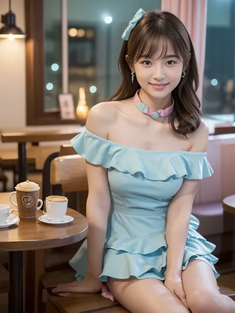 Full Body Shot, (Late-night secret meeting)
break, 
((idol dress:1.2)), ((pastel collar mini dress:1.2)), ((frille layered skirt:1.2)), ((Bare Shoulder:1.2)), 
break, 
View your viewers, Japanese female university student, (One Woman:1.2), She is very beau...