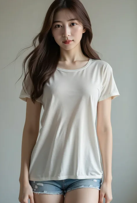 a beautiful young korean woman, t shirt, short