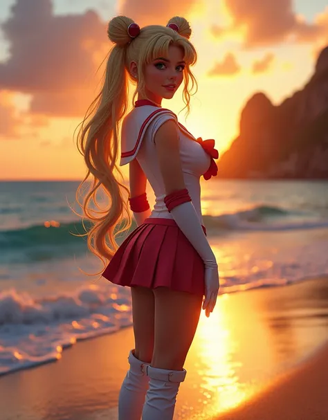 Create an attractive Latina girl, with big breasts strong legs, sexy blonde girl, dressed like sailor moon, smiling on a beach in Rio de Janeiro, colloid sunset.