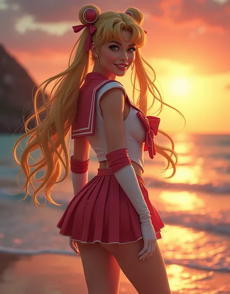 Create an attractive Latina girl, with big breasts strong legs, sexy blonde girl, dressed like sailor moon, smiling on a beach in Rio de Janeiro, colloid sunset.