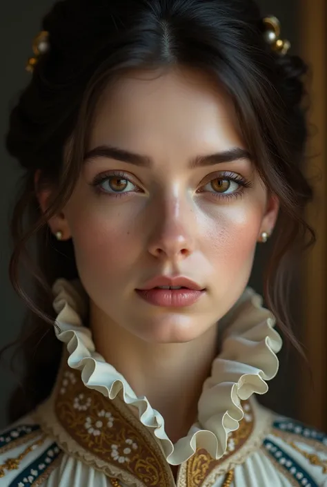 Women , profiled face , white skin , dark brown eyes , by black , FAT LIPS , small mouth , thin nose . 4k photo from the shoulders up in a medieval noble dress.  