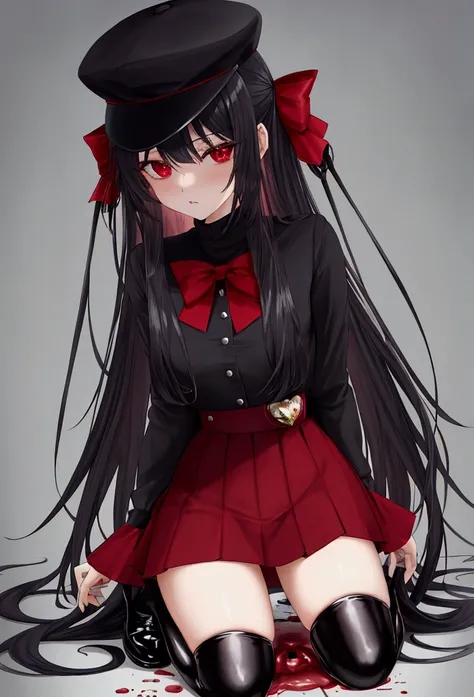 Shiny hair , high quality , open the crotch , bleeding , blood , cum , bleeding vagina , got sex by monster , black hair , red eyes , brim hat , hair bow , long hair , turtle neck , short skirt , flat shoes , black halo , kneel