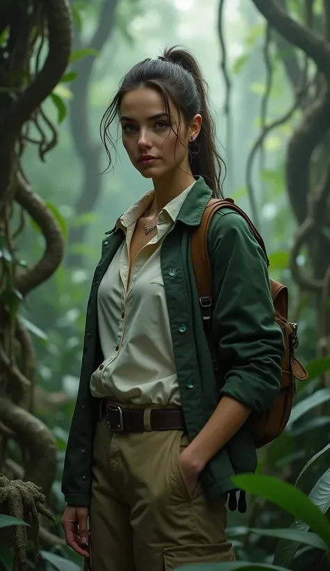 (Evangeline Lilly:Alicia Vikander) ponytail, Explorer in the jungle, white shirt, green jacket, beige cargo pants, year 1925, Lovecraft atmosphere, dark atmosphere, masterpiece, hyperdetailed, trending on artstation, sharp focus, golden ratio, 4k resolutio...