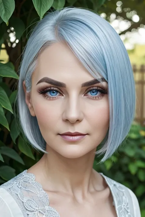 Eastern European old woman、Silver bob hair、Pale blue eyes、Eyebrows are thin and curved、Elegant and super beautiful、Narrow Face、Perfect Makeup、7、Bust Shot、garden