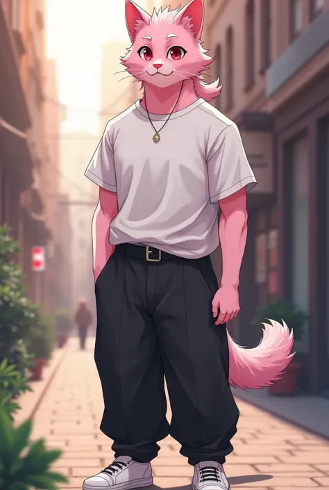 Male  Anthropomorphic, furry cat, coat color pale pink.
Deep pink eye color.
Body type: Ectomorph. Fit, slightly pumped up, thin waist, height 176 cm, thin.
The hair on the head is tousled and can be gathered into a small ponytail, leaving a few strands of...