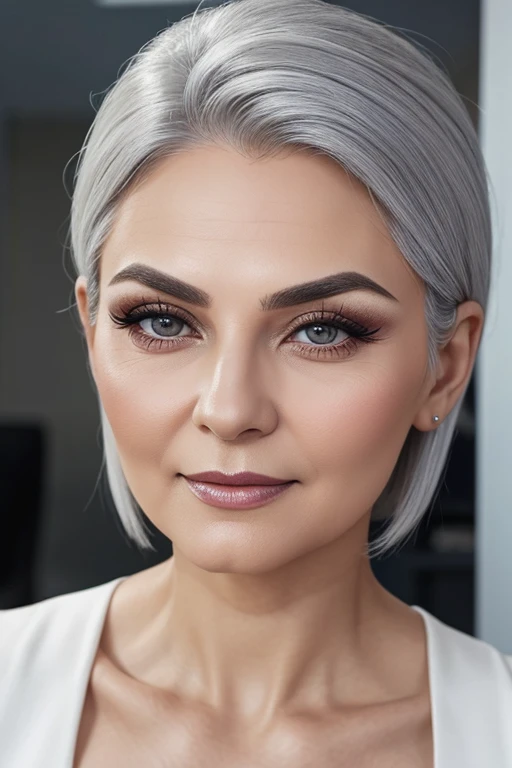 Eastern European old woman、7、Silver bob hair、Gray Eyes、Eyebrows are thin and curved、Elegant and super beautiful、Narrow Face、Perfect Makeup、Bust Shot、Office