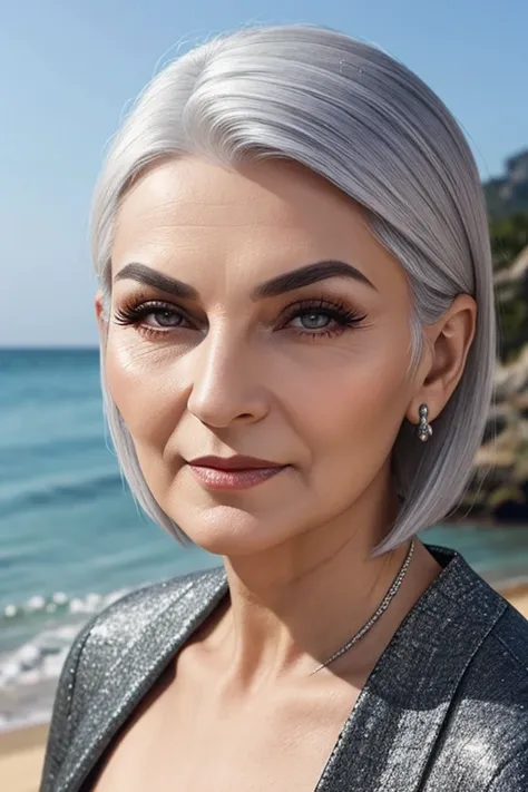 Eastern European old woman、7、Silver bob hair、Gray Eyes、Eyebrows are thin and curved、Elegant and super beautiful、Narrow Face、Perfect Makeup、Side view、Bust Shot、Beach