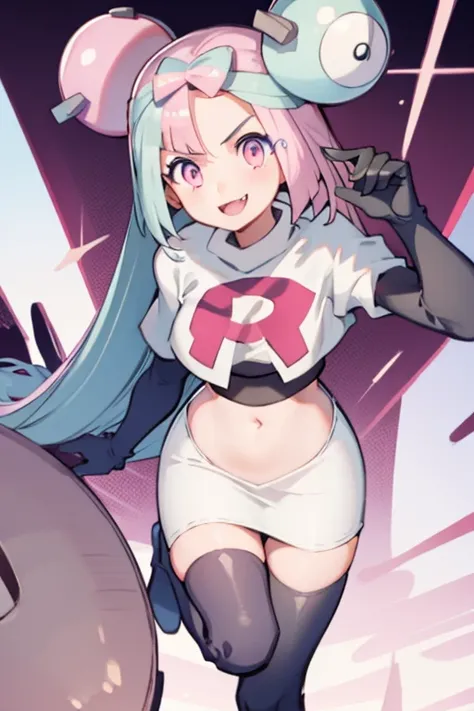 iono,1 girl,pink eyes,solo,smile,open mouth,fangs ,team rocket,team rocket uniform,white skirt,red letter R,crop top,black thigh-highs,black elbow gloves,