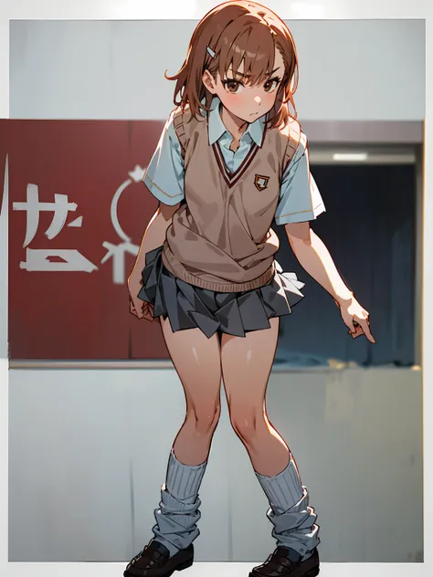  masterpiece,beste Quality, Misaka_mikoto,solo, brown eyess, Short_Hair, Small_Breast, looking at the viewers　Student uniforms, tokiwadai_School_uniform, whiteshirt, Sweater Vest, Gray miniskirt, , White loose socks, shoes, standing、