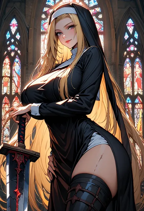 solo, close up, female, medium shot, nun habit, very long hair, blonde hair, straight hair, huge breasts, huge sword, bastard sword, church, stained glass, gentle smile, hand on breasts, thigh high boots, adventurer boots, warm light, broad shoulders, musc...