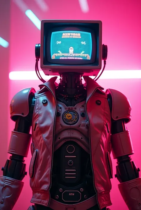 a cyberpunk retro-futuristic robot from the 1980s, detailed crt monitor head displaying a pixelated arcade game, sleek and bulky mechanical body with exposed circuits and neon lights, wearing a high-tech vintage jacket, neon pink glowing background, 8k, be...