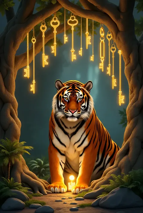 a tiger in a den holds a golden key, various golden keys hang on a tree around her