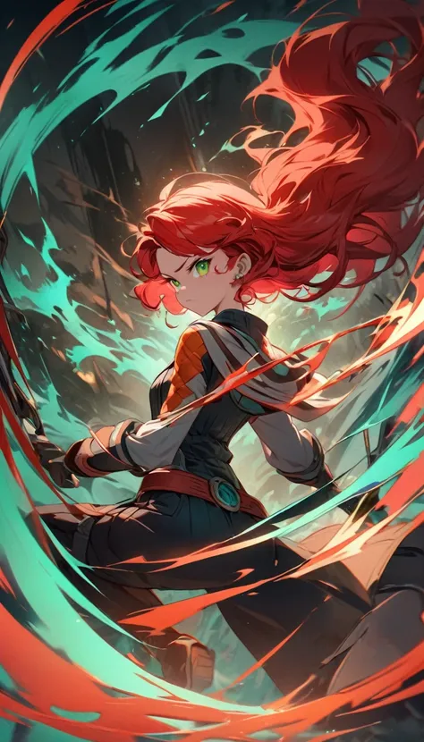 The adventurous Huntik heroine, Sophie Casterwill, is depicted in stunning detail. Her fiery red hair cascades down her back, contrasting beautifully with her piercing green eyes. The image, a high-quality painting, captures her determined expression and d...