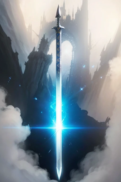 there is a sword that is in the sky with a light, glowing sword, magical sword, shinning sword, shining sword, magic sword, fantasy sword, greatsword, beautiful sword, master sword, legendary sword of technology, huge sword, fantasy sword of warrior, big s...