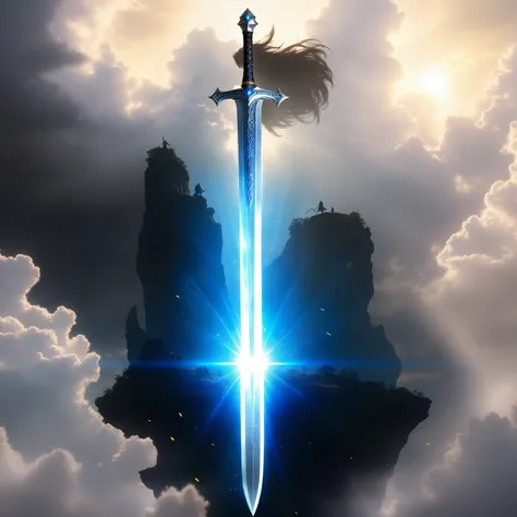 there is a sword that is in the sky with a light, glowing sword, magical sword, shinning sword, shining sword, magic sword, fantasy sword, greatsword, beautiful sword, master sword, legendary sword of technology, huge sword, fantasy sword of warrior, big s...