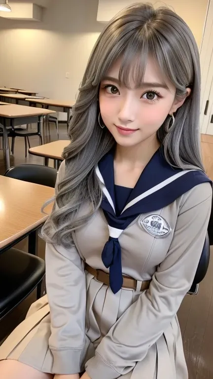 8k, RAW Photos, Fujifilm, Beautiful 20 year old woman style photo, (((Gray Hair:1.3,美しいGray Hairのストレートヘアー、シルキーなGray Hair)))、(((High school student sailor uniform:1.5,))) Gold earrings, (Highly detailed skin: 1.2), Light medium brown hair, Film Grain, , Cut...