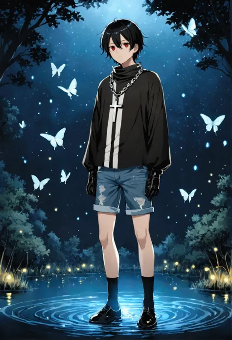 kitisune ,he is white ,with red eyes and black hair, height 1.73,wearing a black and white striped long sleeve shirt and a black shirt over it , wearing light blue jean shorts, wearing long socks and black shoes,He is wearing a chain glove on his left hand...