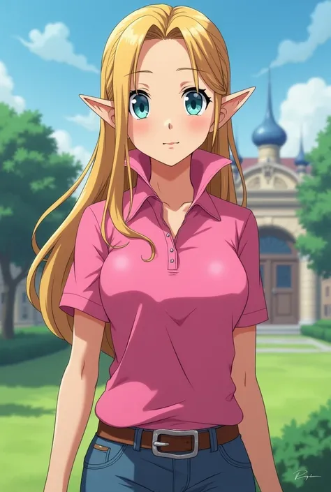 Anime Link and Princess Zelda wearing a Pink Polo with a Massive Popped Collar