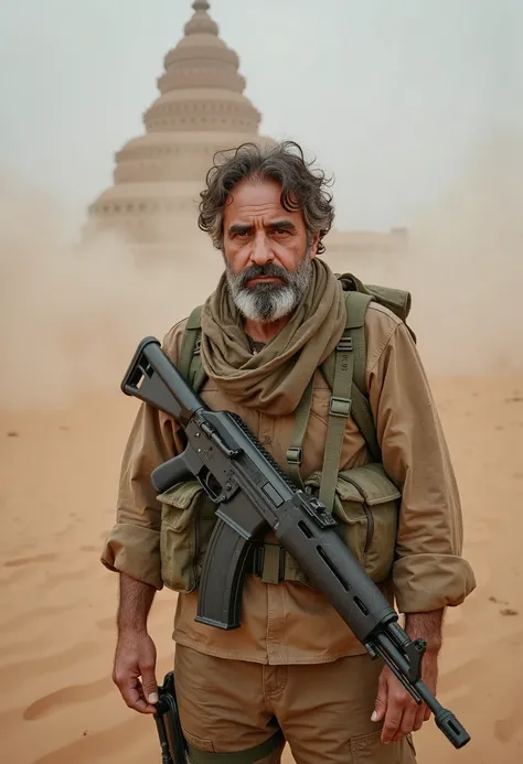 Photographic portrait of a sks person in battle (tema dnthm), melancholic atmosphere, sandstorm, Sand palace in the background 