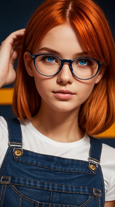 Girl with orange hair in dark blue jean overalls, with white thin frame glasses on her face, dark blue eyes, rim lighting, 4k, detail