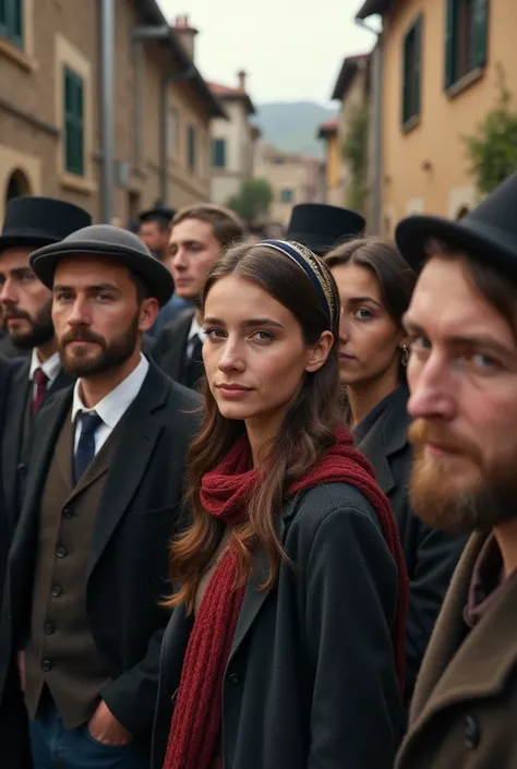 Realistic photo of a group of young Jews gathered in a Jewish village focus on their faces