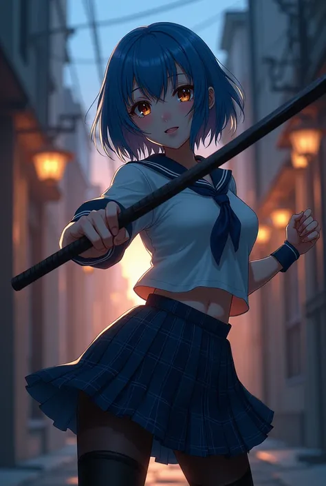 1girl, young adult, medium hair, hime cut, blue hair, ribbon, upturned eyes, longeyelashes, amber eyes, glasgow smile, school uniform, plaid skirt, miniskirt, black pantyhose, loafers, large breasts, battoujutsu stance,weapon, alley, magic hour, anime, UHD...