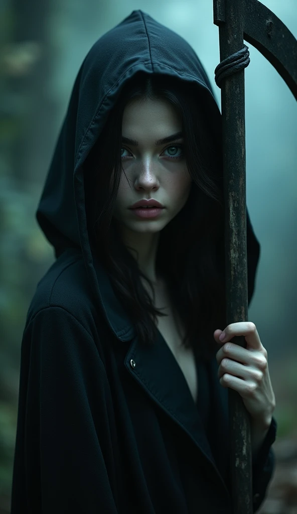 a cinematic photo of A sensual female grim reaper, dark dramatic lighting, dramatic chiaroscuro lighting, beautiful detailed eyes, beautiful detailed lips, extremely detailed face, (super skinny anorexic body), (extremly slender anorexic body), skinny long...