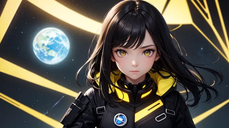 from the future intelligence, background tech, confident look, space black pioneer dress, yellow eyes, dark hair