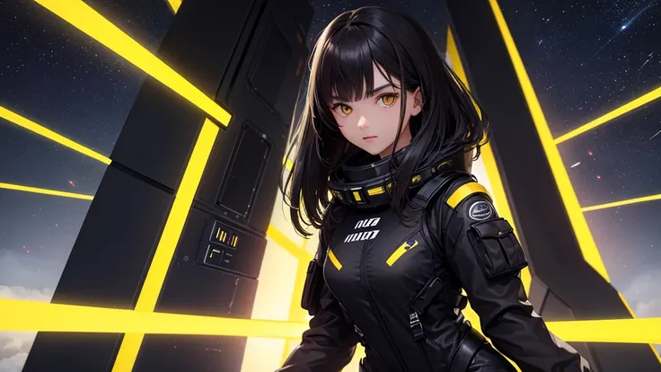 from the future intelligence, background tech, confident look, space black pioneer dress, yellow eyes, dark hair