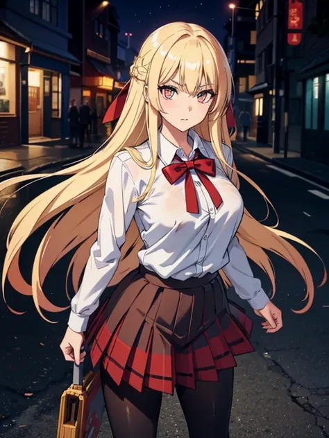 1girl, young adult, long hair, hime cut, blonde hair, ribbon, upturned eyes, longeyelashes, amber eyes, glasgow smile, school uniform, plaid skirt, miniskirt, black pantyhose, loafers, large breasts, battoujutsu stance,weapon, alley, magic hour, anime, UHD...